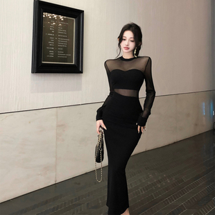 捡漏小个子赫本小黑裙女夜宴名伶网纱连衣裙长袖修身包臀显瘦裙子