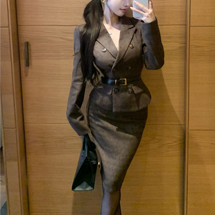 送腰带韩系金秘书职业OL高智感双排扣上衣外套包臀半身裙西装套装