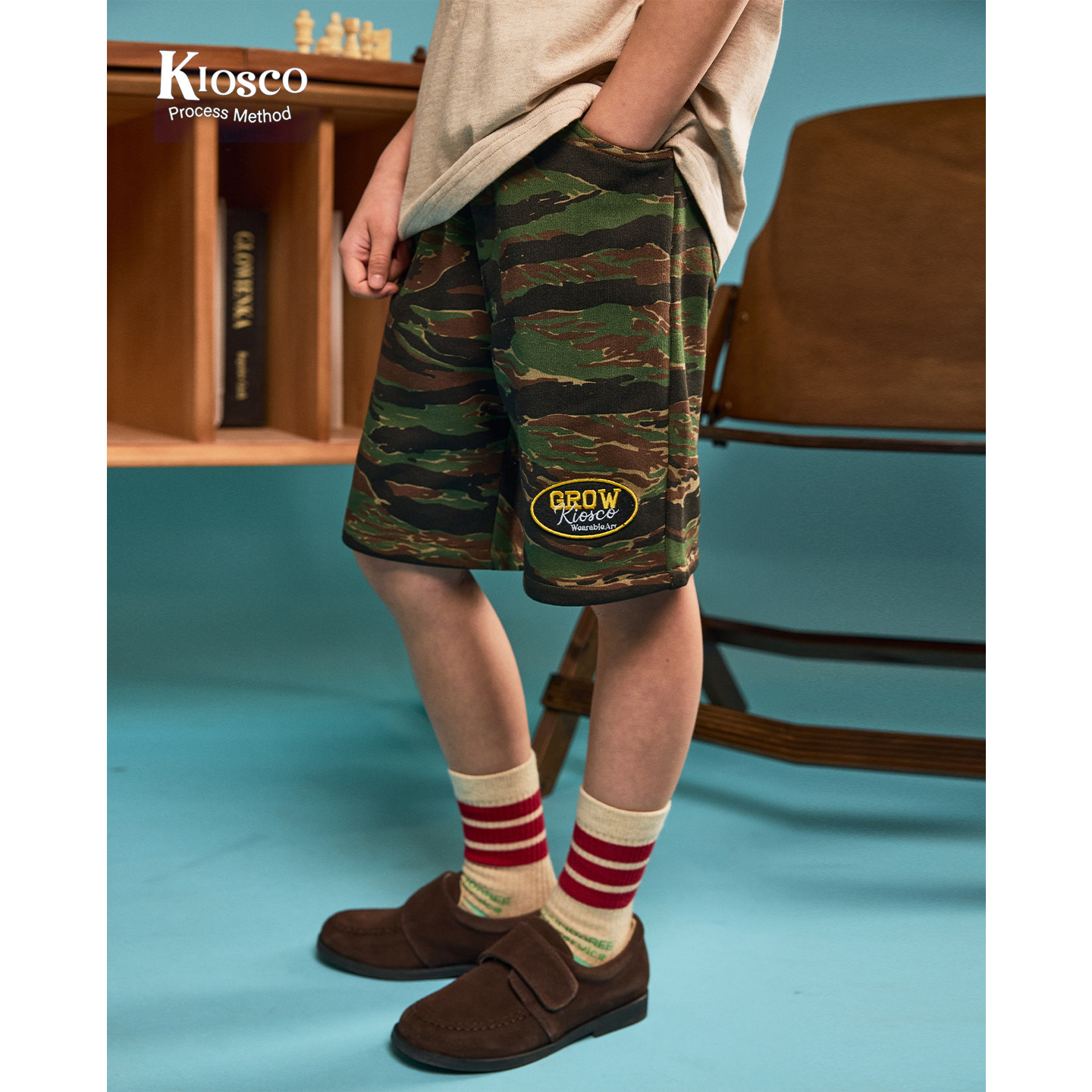 KIOSCO春夏儿童迷彩短裤纯棉刺绣大口袋重磅针织户外休闲运动裤