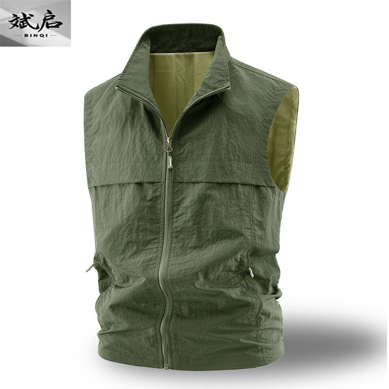 钓鱼佬户外工装军旅风立领拉链马甲男夏季军绿色多袋背心户外马甲