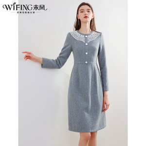 未风灰色羊毛连衣裙女秋冬2025冬季新款女装高腰显瘦打底毛呢裙子