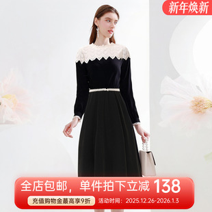 丝绒连衣裙 长袖 未风黑色假两件裙子2025秋冬新款 打底裙名媛小洋装