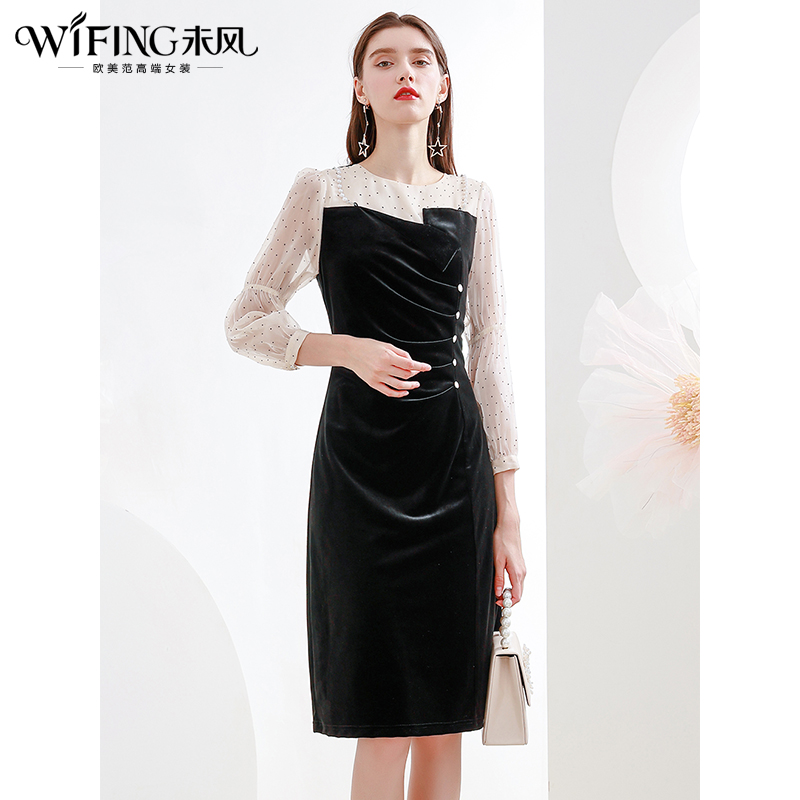 未风黑色丝绒拼接连衣裙女