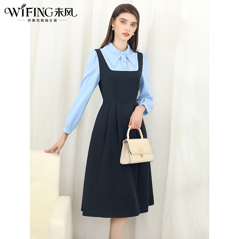 未风蓝色衬衫翻领连衣裙女