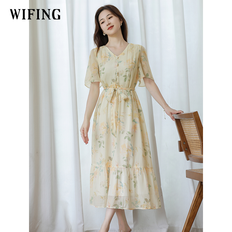 未风黄色雪纺度假连衣裙女夏2025年夏装新款气质法式收腰显瘦裙子