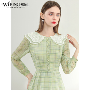 未风绿色雪纺格子连衣裙女春2026春装新款气质时尚娃娃领长款裙子