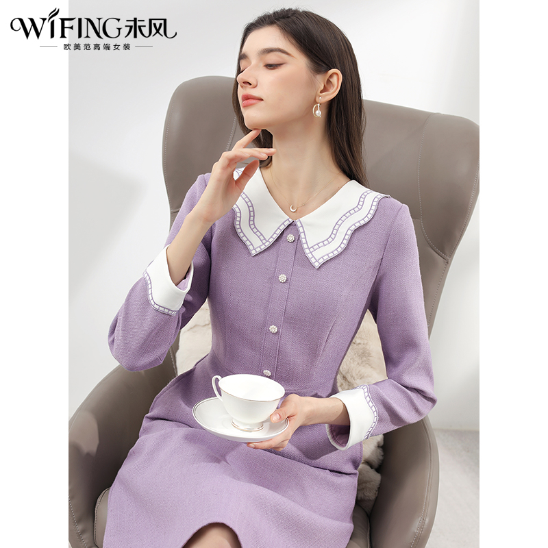 未风紫色娃娃领连衣裙娃娃领裙子