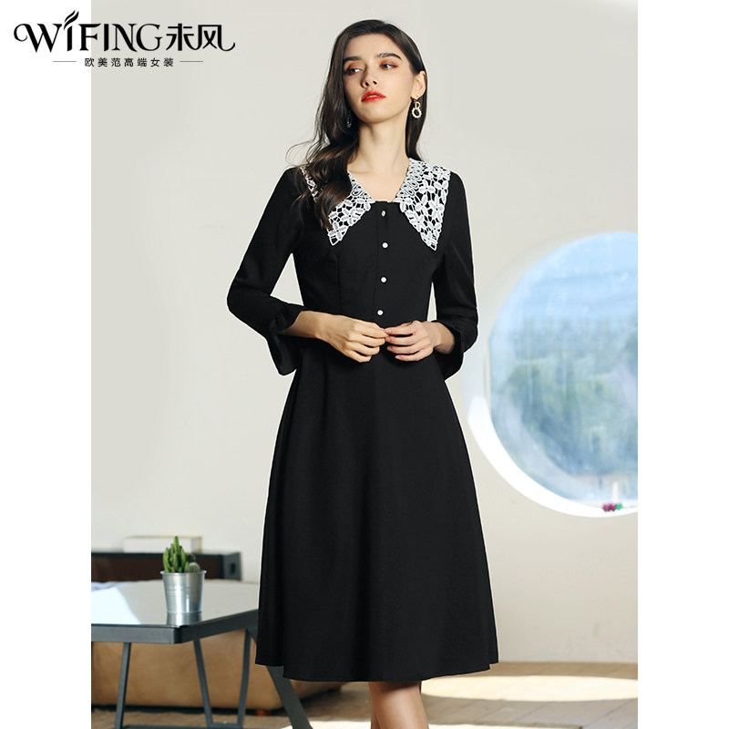 未风黑色娃娃领连衣裙女春2026年春装新款女装气质中长款长袖裙子