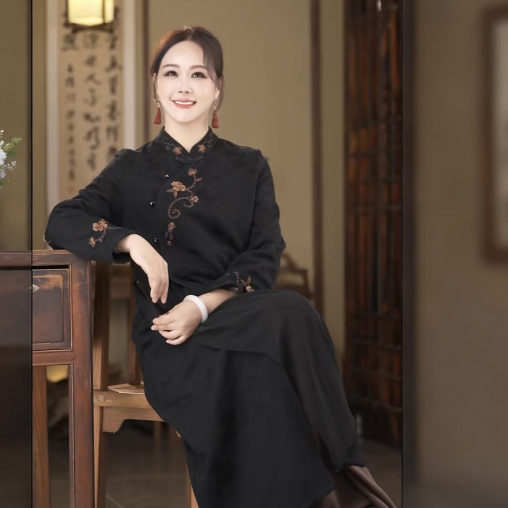 【凝素】复古改良旗袍女长袖立领盘扣秋冬连衣裙