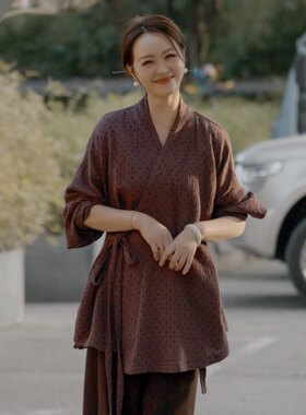 紫霞/交领汉服改良版中国风休闲上衣禅意外套女装斜襟棉麻波点