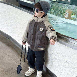 男童加绒外套加厚秋冬季儿童夹棉冬装2025新款小男孩连帽初冬衣服