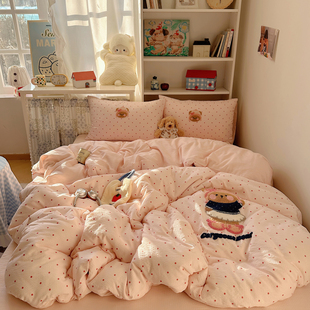 粉色少女心小熊毛巾绣四季亲肤双层纱化纤四件套宿舍软糯床品床笠