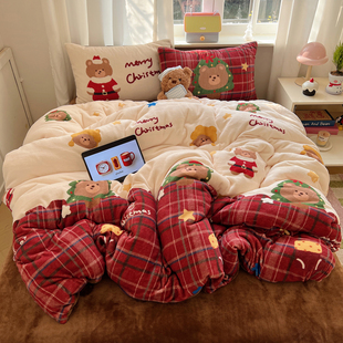 圣诞款秋冬牛奶绒可爱熊四件套软糯双面绒法兰绒被套珊瑚绒床单