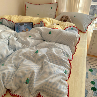 圣诞树刺绣贝壳边四季亲肤云感棉化纤四件套少女宿舍软糯床品床笠