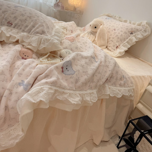 仙女款 荷叶边牛奶绒四件套韩系小熊珊瑚绒花边被套公主床裙床单