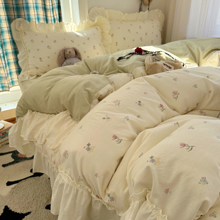 公主风荷叶边碎花四季亲肤云感纱化纤四件套少女卡通宿舍软糯床品