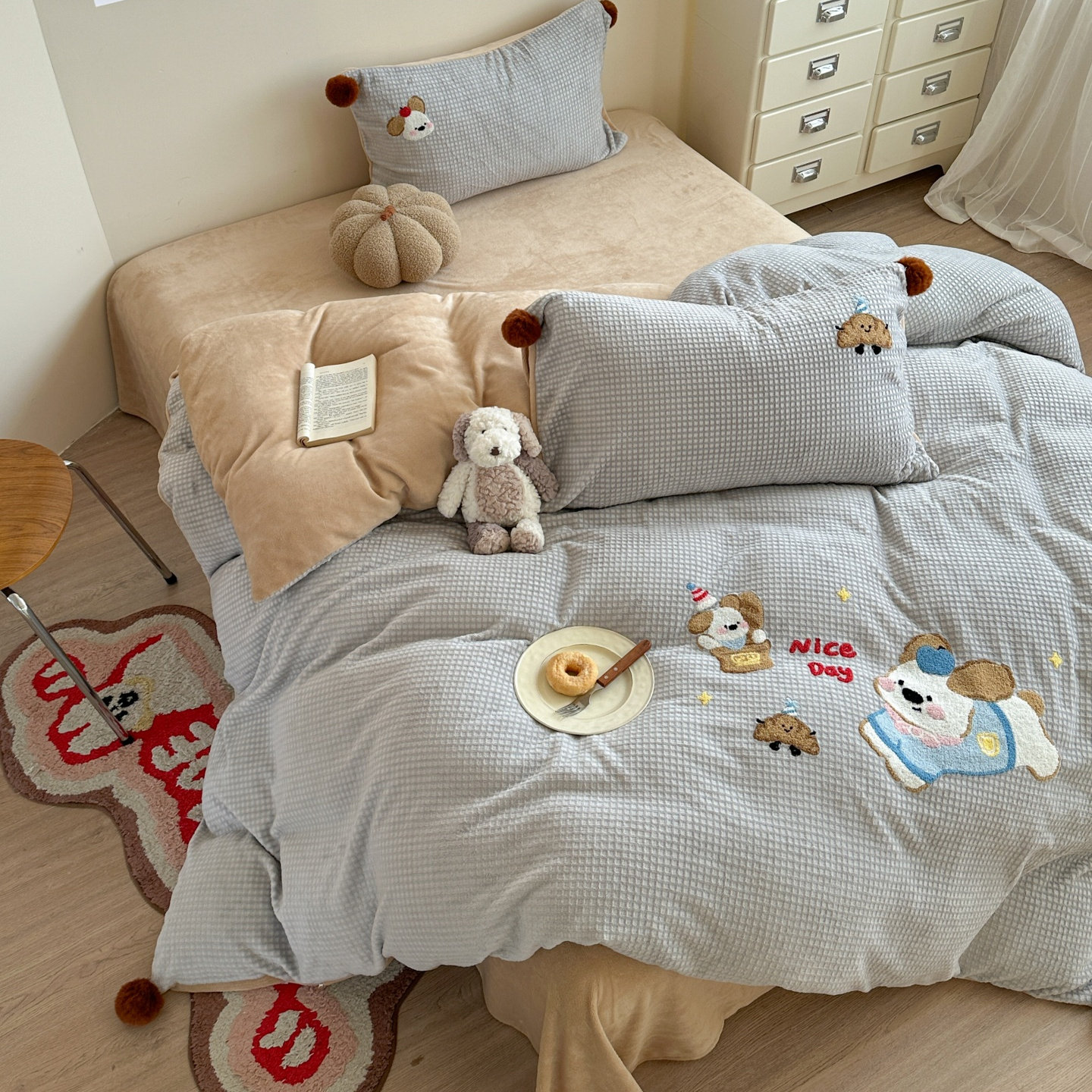 秋冬保暖华夫格提花绒刺绣牛奶绒四件套珊瑚绒卡通被套加绒床单,床上用品,床品套件/四件套/多件套,淘宝优惠券,粉丝福利购,淘宝优惠卷