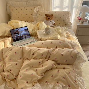 仙女款全棉花边四件套水洗棉纯棉荷叶边被套小樱桃公主床单床笠