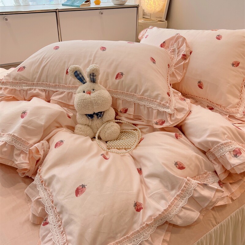 仙女荷叶边全棉四件套草莓少女心纯棉被套公主风1.5m1.8床裙床品,床上用品,床品套件/四件套/多件套,淘宝优惠券,粉丝福利购,淘宝优惠卷