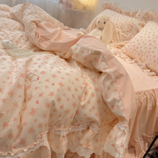 仙女款 荷叶边全棉四件套公主风少女纯棉被套粉色少女1.5m1.8床品