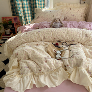 小可爱丁香小熊荷叶边云感棉亲肤化纤四件套少女心荷叶边软糯床品