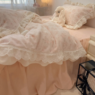 仙女款荷叶边少女粉牛奶绒四件套珊瑚绒韩系花边被套公主床裙床单