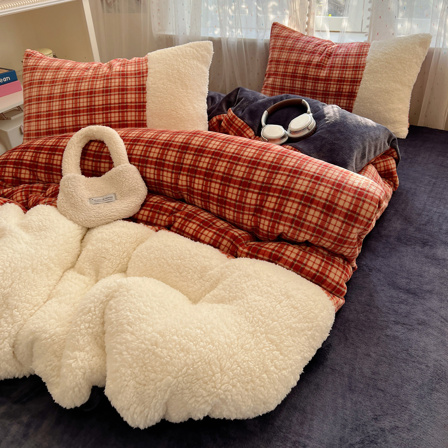 秋冬保暖复古格纹牛奶绒四件套拼接羊羔绒简约珊瑚绒被套床单床笠,床上用品,床品套件/四件套/多件套,淘宝优惠券,粉丝福利购,淘宝优惠卷