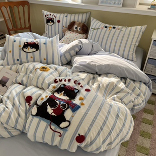 卡通毛巾绣全棉四件套设计款 可爱纯棉被套学生3件套亲肤床笠床单