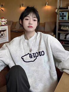 oversize盐系春秋加绒卫衣女宽松不带帽大码港风chic套头学生上衣