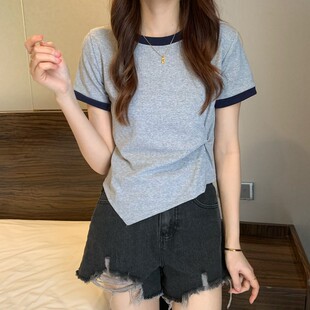 广东广州十三行女装高端欧货上衣夏季设计感孤型下摆褶皱短袖T恤