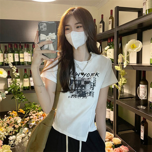 广东广州十三行女装高端欧货上衣夏季设计感孤型下摆褶皱短袖T恤