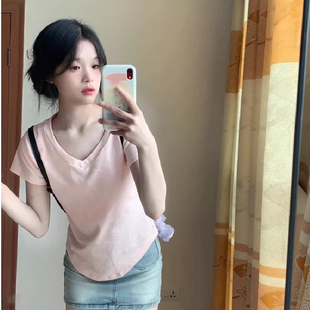 t恤女半袖夏季韩版新款纯白色V领宽松纯棉简约女士短袖体恤打底衫