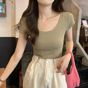 韩版夏天洋气短袖T恤女百搭配牛仔裤阔腿裤半裙包裙a字裙的上衣服