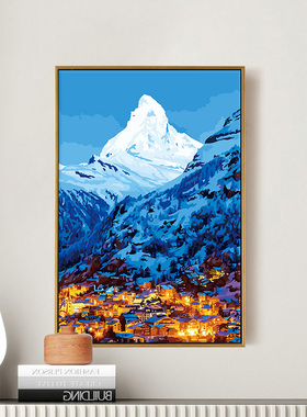 数字油画diy填色雪山夜色油彩画