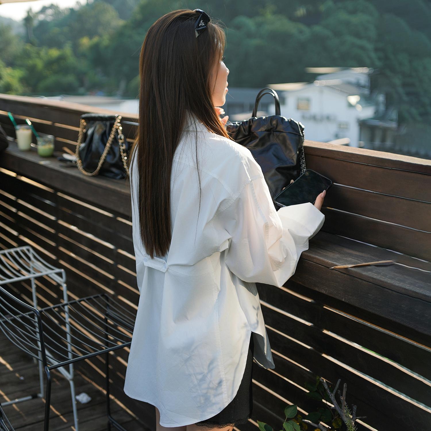 LADYFF韩版百搭纯色后腰扣廓形后背纽扣收腰宽松版型显瘦纯白衬衫