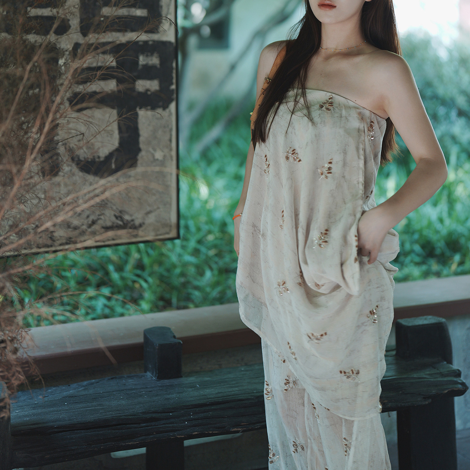 LADYFF温柔风碎花抹胸连衣裙女夏季仙气飘逸长裤新中式时尚套装