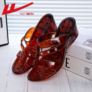 回力水晶凉拖鞋女果冻透明潮流时尚百搭塑胶坡跟厚底中跟耐穿防滑