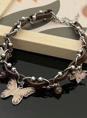 个性时尚百搭锁骨链小众皮革穿插