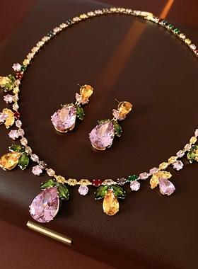 彩色锆石水滴树叶项链欧美重工高级感锁骨链时尚晚礼服首饰套装女