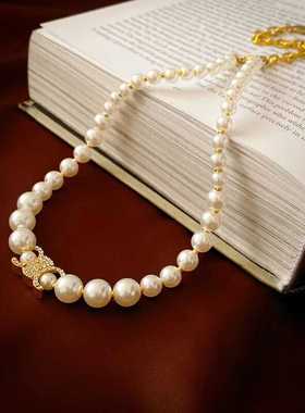 小香风镶钻字母珍珠hoker项链高级法式宫廷风气质百搭锁骨链项饰