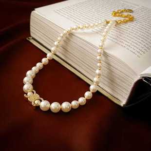 小香风镶钻字母珍珠hoker项链高级法式宫廷风气质百搭锁骨链项饰