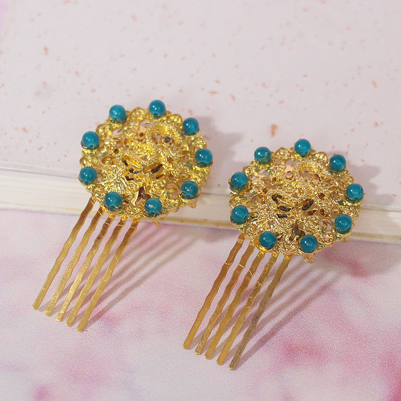 古风孔雀蓝龙纹发梳头饰孔雀公主掩鬓发梳汉服发饰敦煌供养人头冠