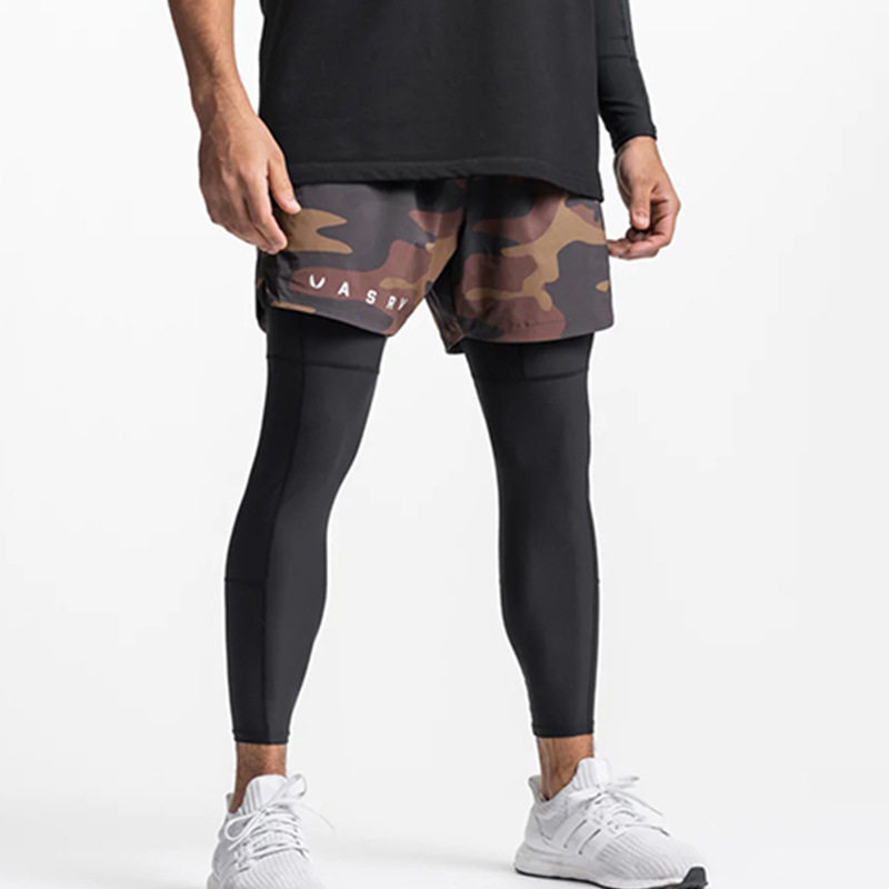 ASRV春秋季男士迷彩裤假两件网眼速干紧身裤户外跑步健身运动长裤