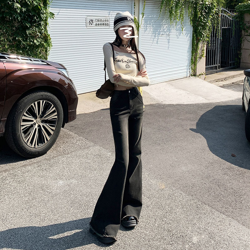 2025年春秋季新新款美式辣妹毛边微喇叭裤女士弹力宽松牛仔长裤子
