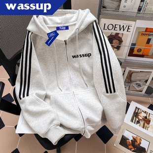 WASSUP美式复古三条杆重磅开衫连帽卫衣男秋冬新款宽松基础款外套