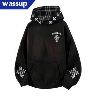 WASSUP美式高街十字架刺绣连帽卫衣男春秋冬宽松格子拼接情侣外套