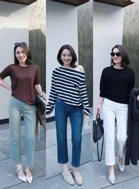 LORRAINES春新款 夏日瘦瘦裤-高腰四面弹水洗直筒八分牛仔休闲裤