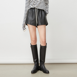 靴裤 复古高腰松紧腰黑色休闲百搭休闲显瘦阔腿皮短裤 LORRAINE