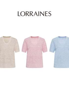 LORRAINES 高奢衣橱-意大利进口花纱长圆领亚麻棉针织短袖汤勺领