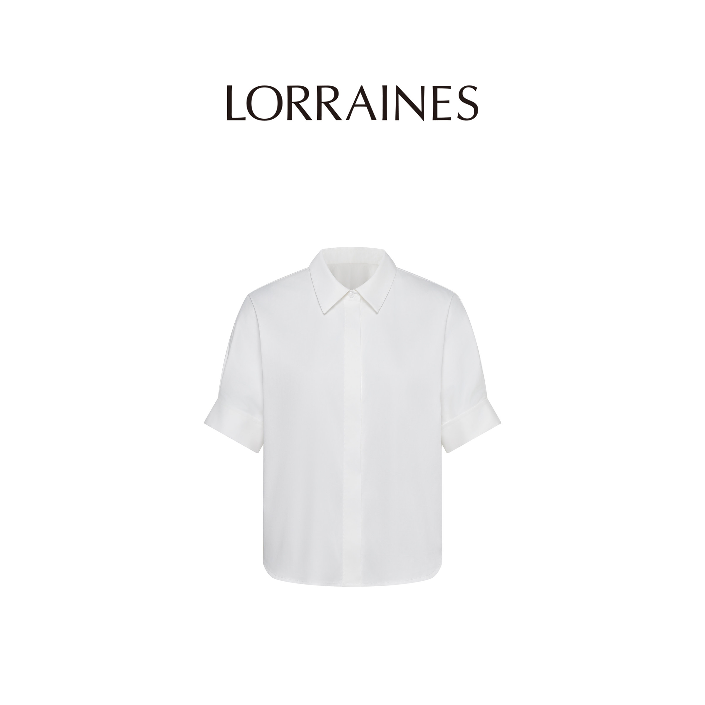 LORRAINES 法式通勤系列-高支长绒棉弹翻领白色短袖衬衫